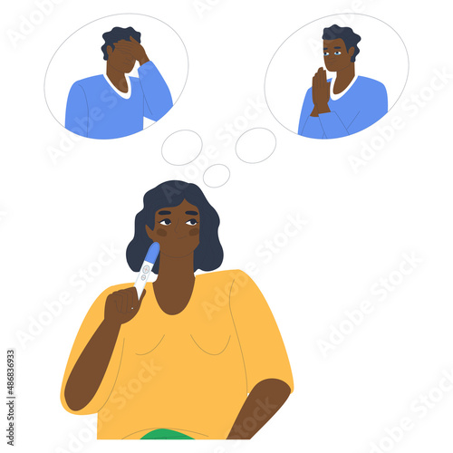 A man's reaction to his woman's pregnancy. A girl with a pregnancy test in her hands. Emotions of disappointment and joy. Choice concept. Expectation reality. flat vector illustration