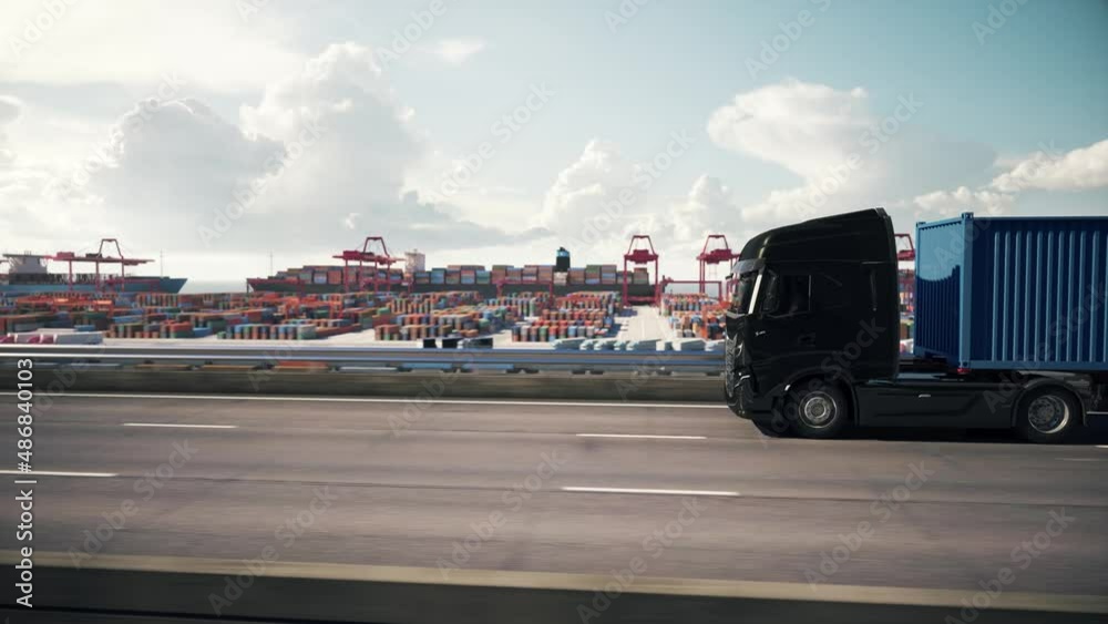 Cargo truck with container driving to the port. 3d animation