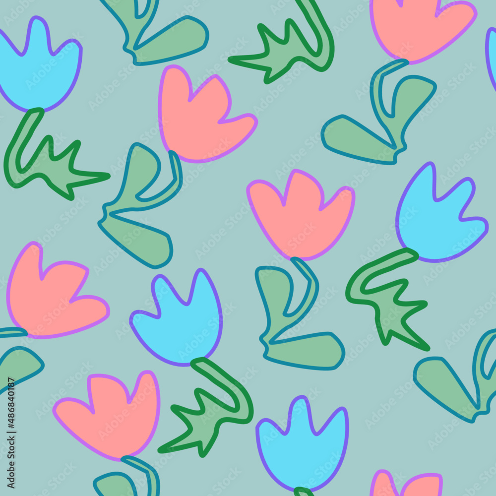 Seamless pattern of abstract blue and pink flowers on a green background for textile.