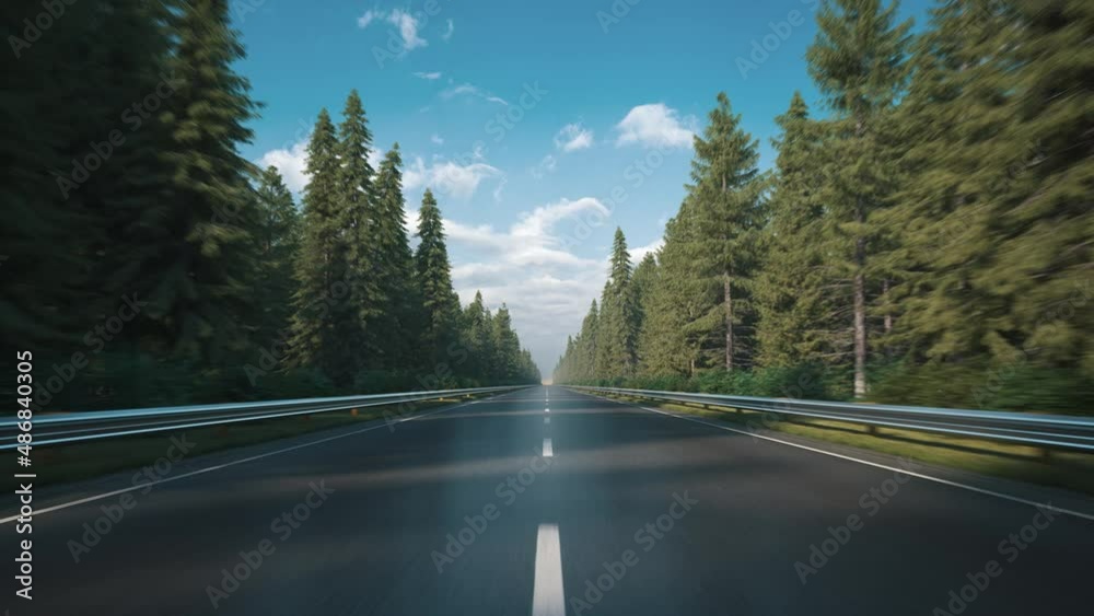 Driving along the road along the forest. POV shot from a camera driving through beautiful empty road. Looped video. 