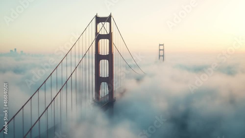 Golden Gate Bridge Covered in Fog. Golden Gate Bridge in misty weather. Golden Gate covered by fog. 3d visualization photo