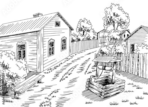 Russian village graphic black white rural landscape sketch illustration vector