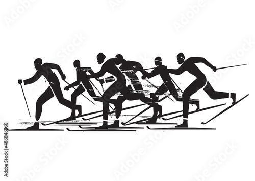 
Cross-country skiing competition, silhouettes.
Expressive black illustration of nordic skiing competitors. Vector available.