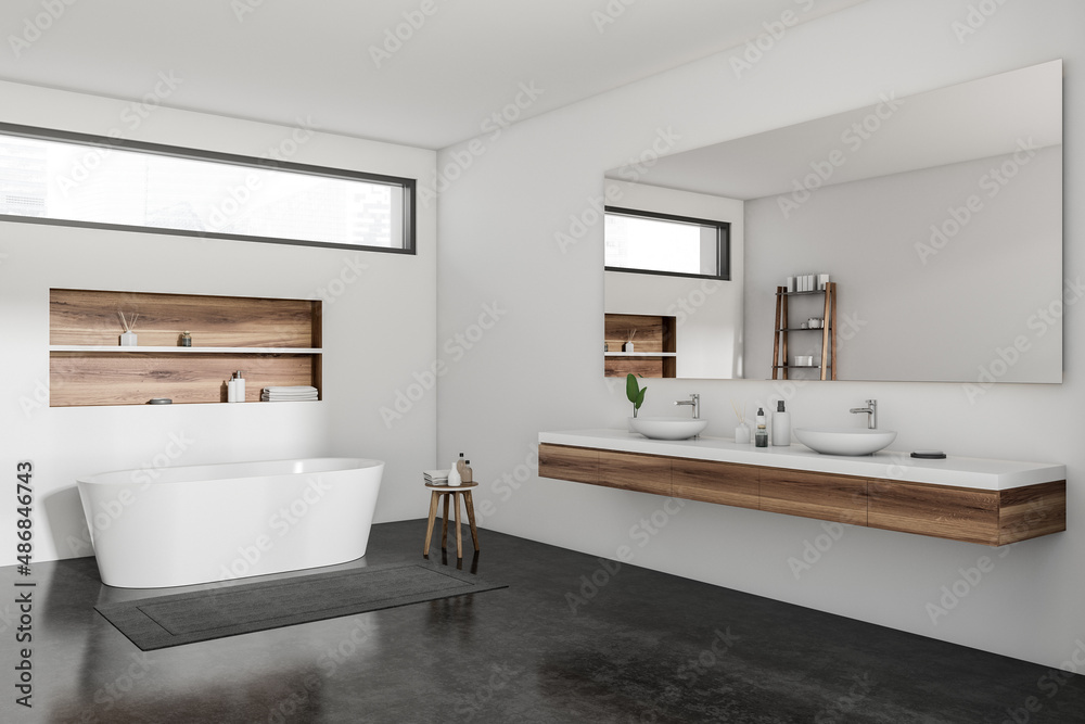 Light bathroom interior with sink and mirror, bathtub and decoration Light bathroom interior with sink and mirror, bathtub and decoration