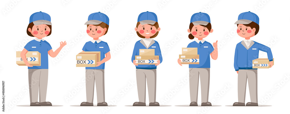 Courier, postman and delivery characters design. Cute asian style vector illustration set.
