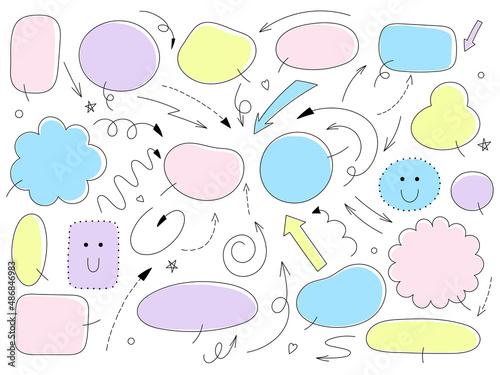 Decorative curvy infographic arrows and pointers. Speech bubbles, cute colorful arrows and doodle decorative elements collection. Vector set. Pink, blue, yellow and purple colors.