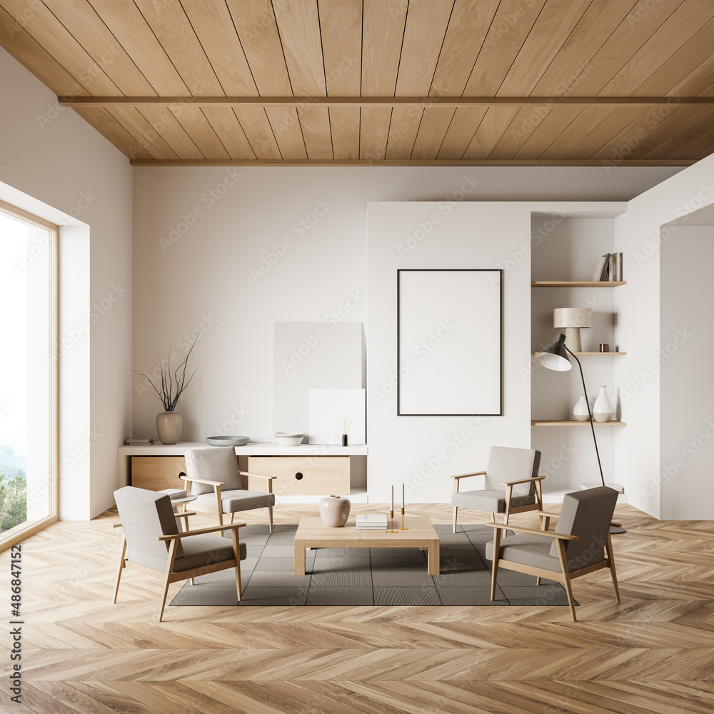 Light guest room interior with seats and decoration, window and mockup poster Light guest room interior with seats and decoration, window and mockup poster