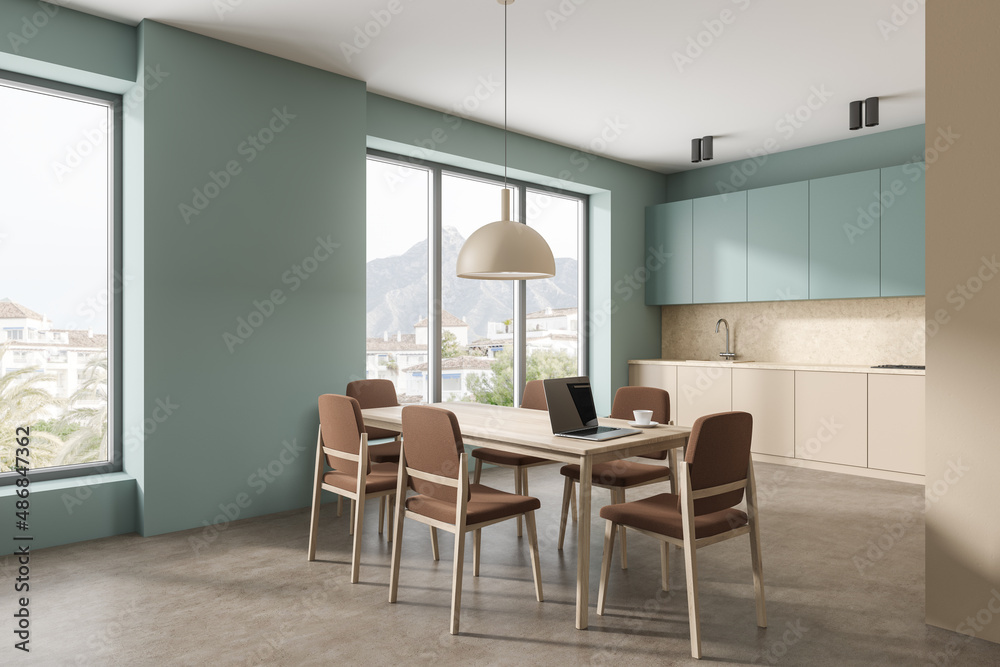 Modern dining interior with table and seats, shelves and panoramic window Modern dining interior with table and seats, shelves and panoramic window