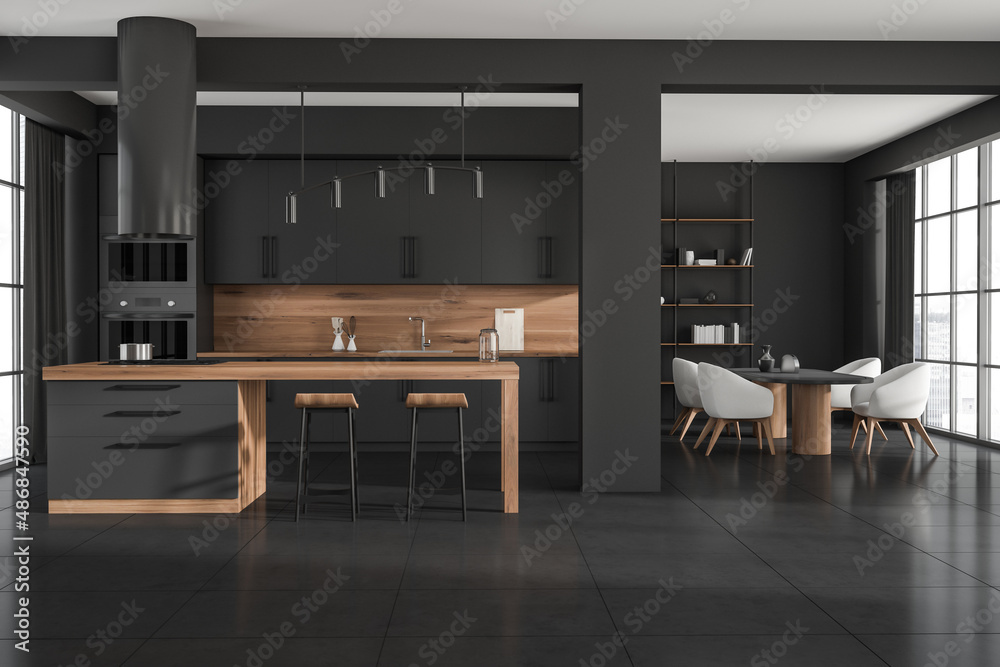 Black kitchen set interior with countertop and dining room, kitchenware