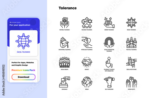 Tolerance thin line icons set: gender, racial, national, religious, sexual orientation, educational, interclass, for disability, respect, self-expression, human rights, democracy. Vector illustration.