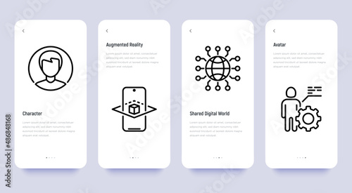 Metaverse thin line icons set: avatar, shared digital world, augmented reality. Pixel perfect, editable stroke. Vector illustration.