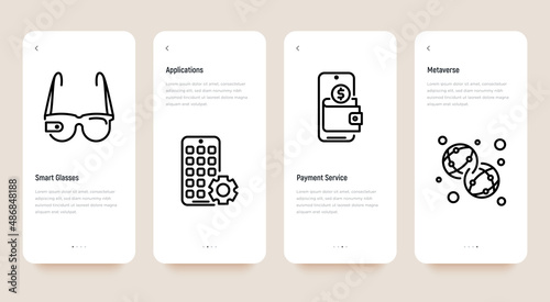 Metaverse thin line icons set: smart glasses, vr helmet, applications, payment service. Pixel perfect, editable stroke. Vector illustration.