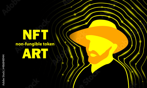 NFT art banner with Vincent Van Gogh in a straw hat. Abstract neon digital art with Vincent Van Gogh self-portrait outline silhouette.