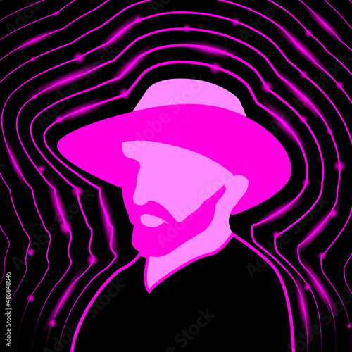 Abstract neon digital art with Vincent Van Gogh in a straw hat.