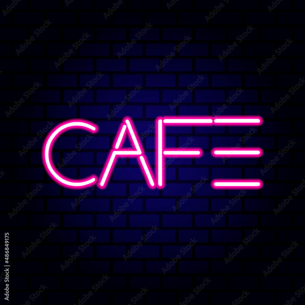 Cafe neon sign on the brick wall. Vector Illustration