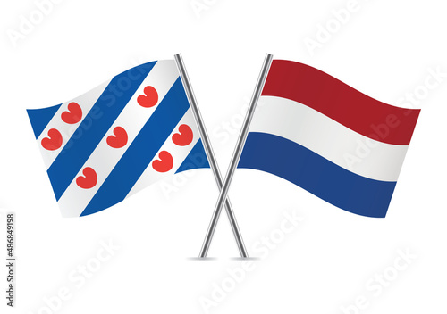 Frisian and Netherlands crossed flags. Friesland and Netherlandish, isolated on white background. Vector icon set. Vector illustration. photo
