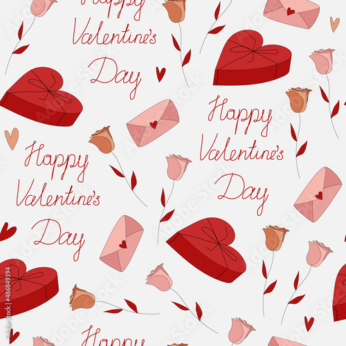Elegant vector seamless pattern. Happy valentine's day calligraphic hand lettering, roses, envelope, gift boxes. Doodle flat red, gold and pink elements.