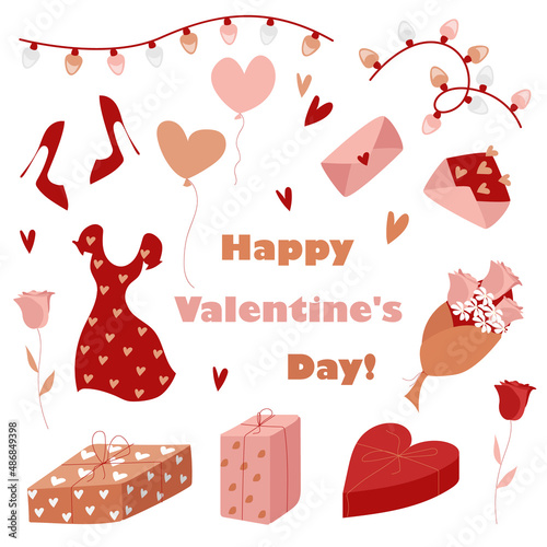 Bright elegant set of flat red, bronze and pink elements for valentine's day. Vector illustration.