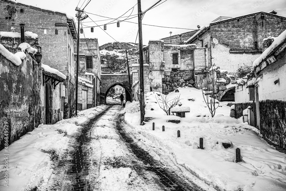 Avanos streets on a cold snowy winter day