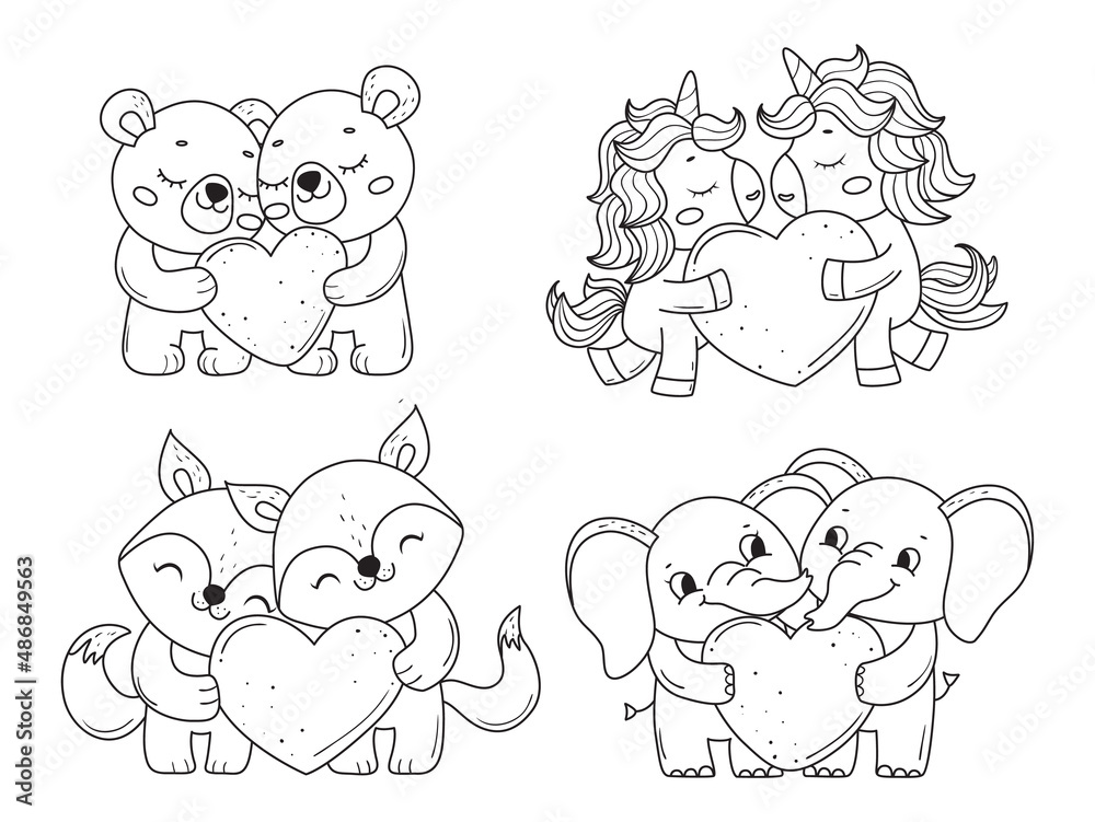 Set of Adorable couples of valentine with heart.Animals for coloring