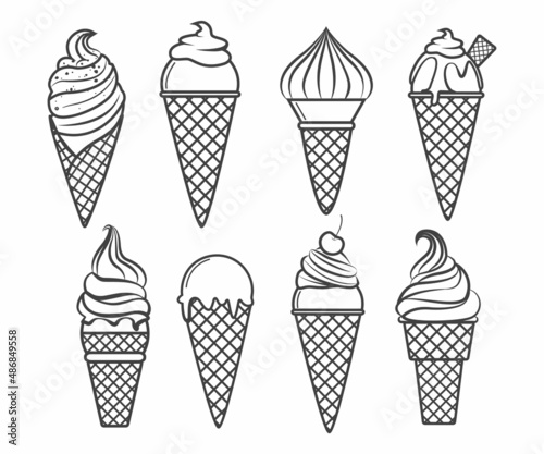 Set of waffle cone ice creams outline for coloring book.Line art design for kids coloring page.