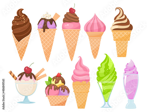 Set of ice cream in waffle and glass cups.