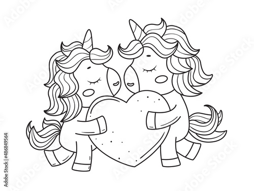 Adorable couple of valentine unicorns with heart.Unicorns for coloring book.Line art design for kids coloring page.