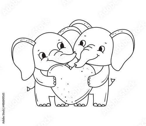 Adorable couple of valentine elephants with heart. Elephants for coloring book.Line art design for kids coloring page. Vector illustration. Isolated on white background