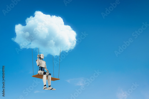 ai robot on swing in cloudy sky