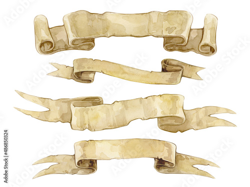 Set of watercolor illustrations of vintage ribbon paper banner, old scroll paper, rolled banner. Isolated on white.