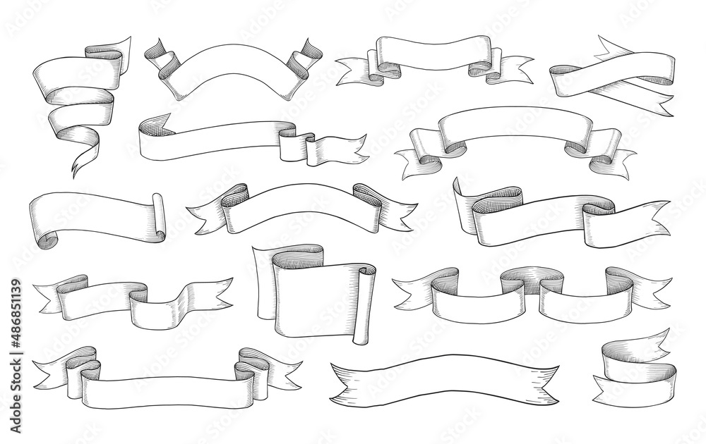 Vintage ribbon. Hand drawn retro scroll flag antique element. Decoration swirl tape engraving. Curled elegant bands. Isolated old stripe labels. Outline header frames. Vector sketch set
