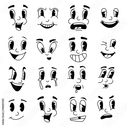 Retro cartoon faces. Fanny mascot emotions from cartoons. 30s 40s 50s hand drawn facial expressions. Emotional caricatures with eyes and mouths. Vector unhappy or cheerful smile set