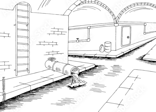 Sewerage tunnel pipe system black white interior sketch illustration vector