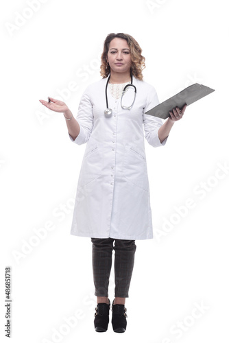 young female doctor with clipboard. isolated on a white