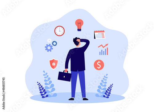 Back view of confused businessman thinking of tasks. Busy office worker and symbols of calendar, lightbulb, clock flat vector illustration. Finances, time management concept for banner, website design