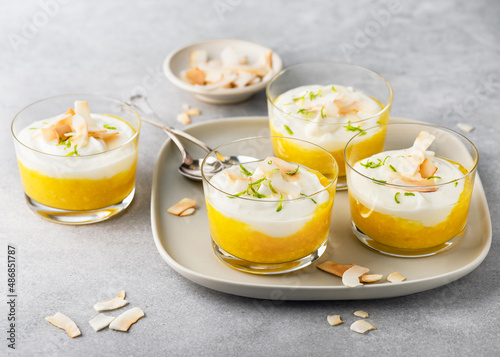 Homemade delicious mango puree and cream cheese layered dessert decorated with roasted coconut chips and grated lime zest on glasses. Healthy food concept. photo