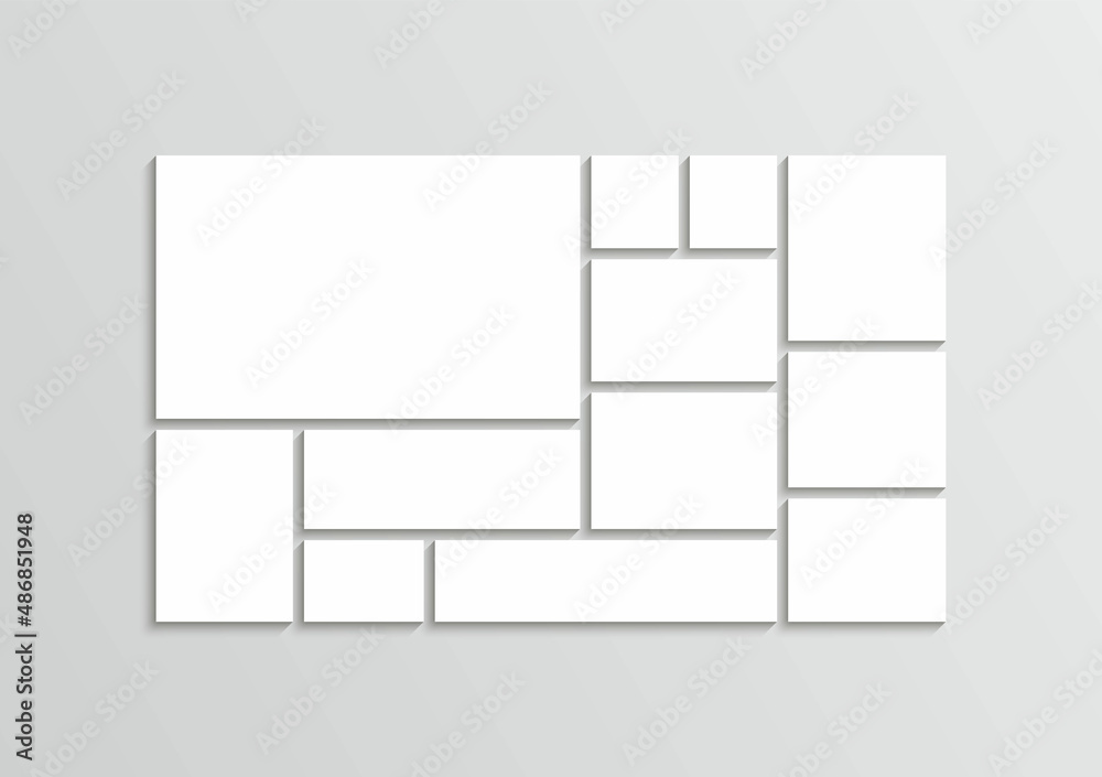Moodboard template. Photo collage layout. Mood board grid. Mosaic pictures frame. Retro gallery banner. Album brandboard. Portfolio images isolated on gray background. Vector illustration