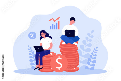 Business persons sitting on stacks of gold coins. Cartoon characters with laptops investing money flat vector illustration. Finances, success, investment concept for banner or landing web page