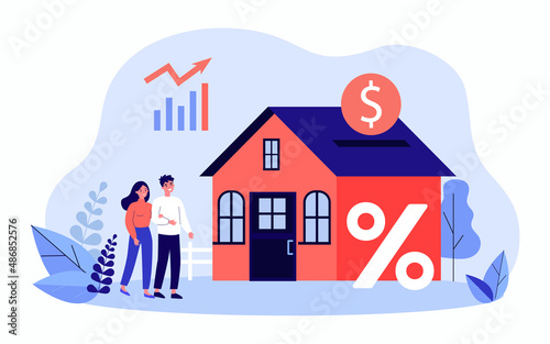 Happy married cartoon couple buying house. Husband and wife investing into real estate flat vector illustration. Family, investment, mortgage concept for banner, website design or landing web page