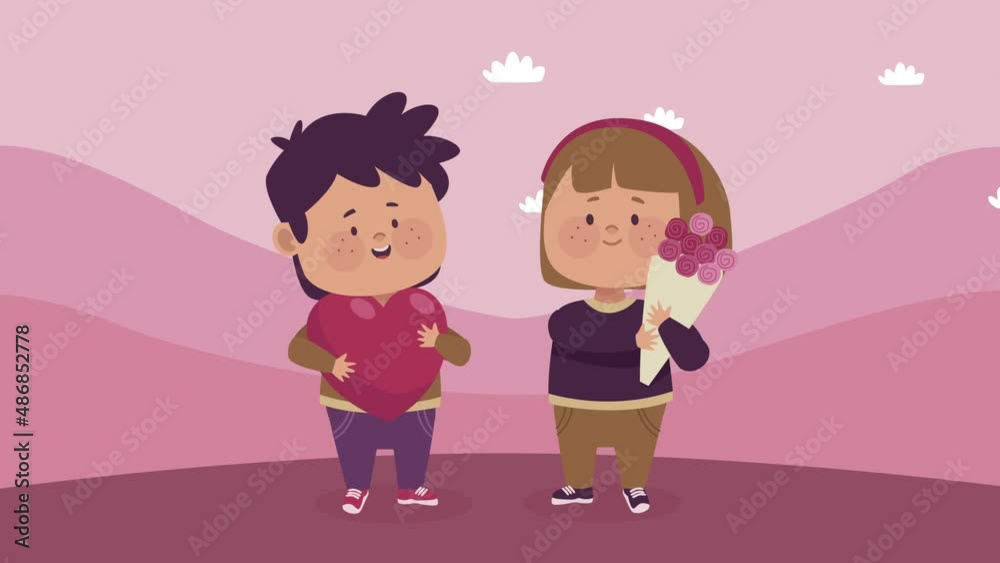 little lovers couple with flowers bouquet little lovers couple with flowers bouquet