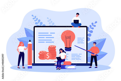 Big laptop and tiny business people studying financial literacy. Male and female persons learning about investment flat vector illustration. Finances, online education, startup concept for banner
