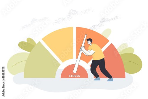 Tired employee reducing stress level and overload pressure. Person measuring tension, reaction and negative emotions on speedometer scale flat vector illustration. Business productivity concept
