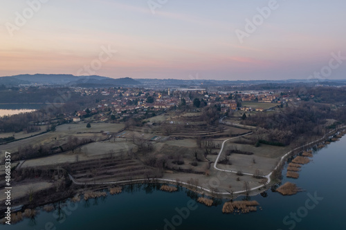 Annone Brianza city aerial cityscape before the sunrise.