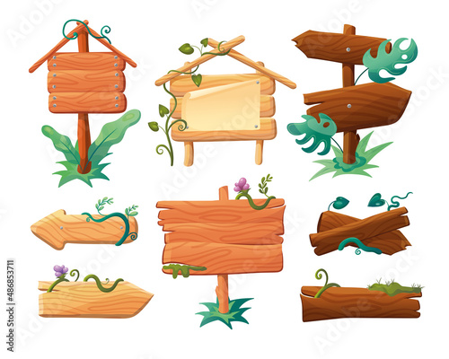 Wooden signs with flowers and lianas cartoon illustration set. Arrow and rectangle signboards or poles for information in forest or jungle with green leaves, tropical plants. Direction, nature concept