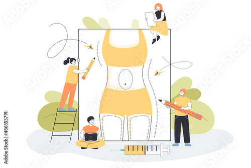 Cellulite treatment and fat reduction by tiny people. Persons preparing body of patient in bikini for liposuction beauty procedure flat vector illustration. Bariatric surgery  abdominoplasty concept