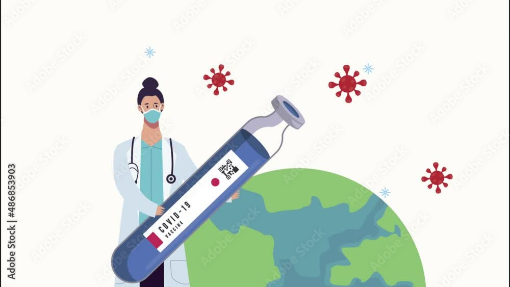 female doctor with covid19 vaccine vial in earth planet female doctor with covid19 vaccine vial in earth planet