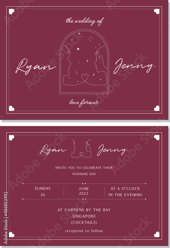 Modern red minimal wedding invitation template with minimal line men and women faceing each other illustration