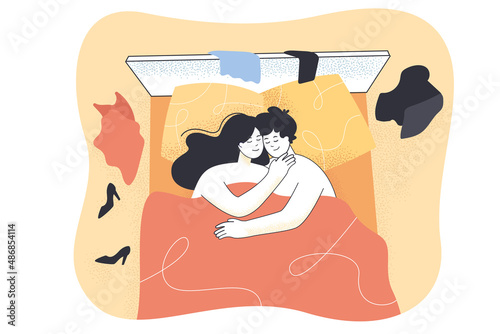 Happy hugs with love of couple people after sex. Sexual activity of funny naked woman and man lying in bed, bedroom top view flat vector illustration. Passion of lovers, intimacy, romance concept