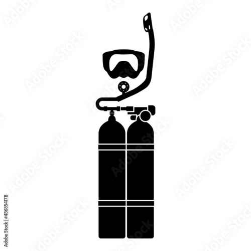 Set of skin-diver scuba diver mask snorkel aqualung dive tank cylinders balloon diving gear icon black color vector illustration image flat style
