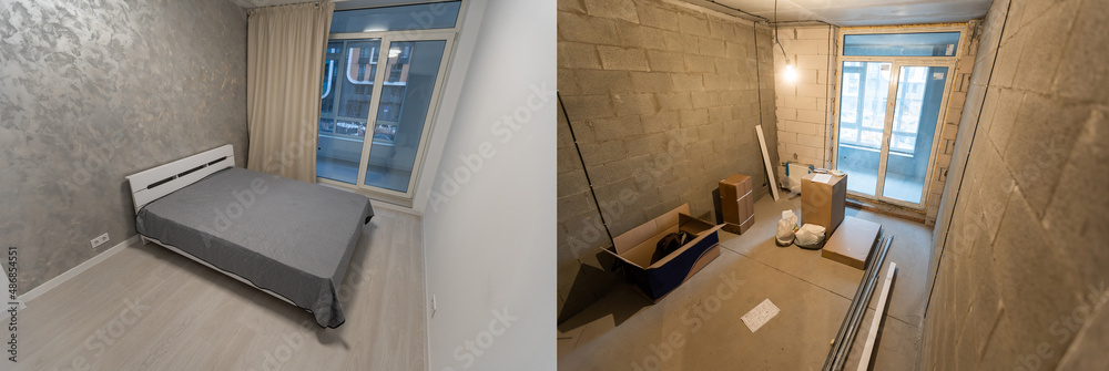 Obraz premium Empty rooms with large window, heating radiators before and after restoration. Comparison of old apartment and new renovated place. Concept of home refurbishment